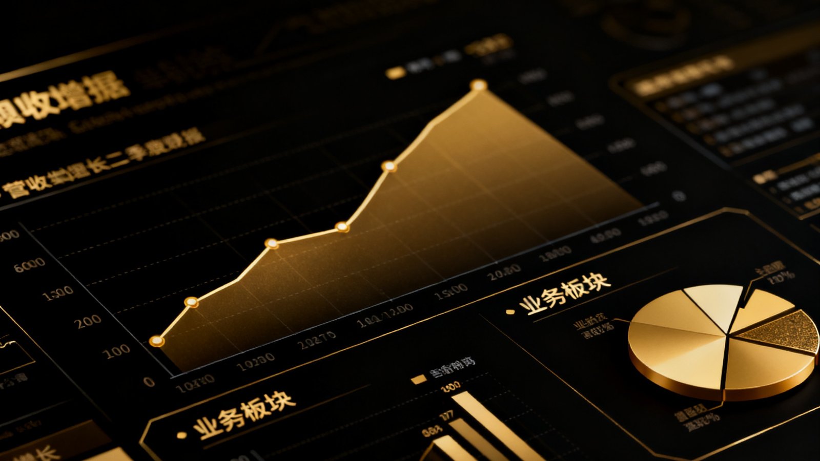 银河集团2025年第二季度财报封面图，深色背景上呈现金色数据可视化图表，包含营收增长曲线和业务板块分布饼图，风格专业严谨。