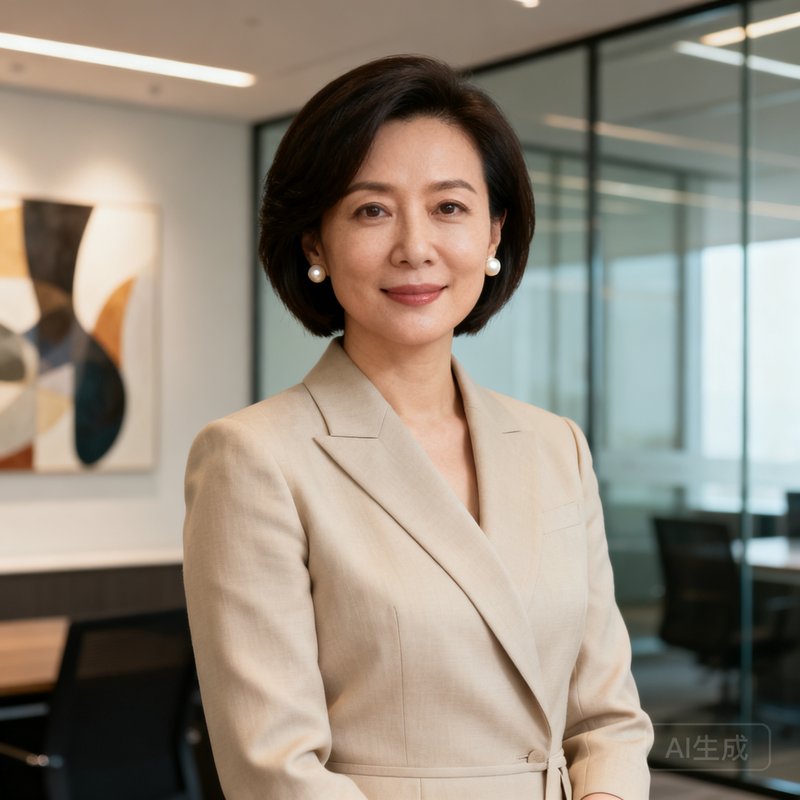 银河集团CFO林雅文女士半身肖像照，干练短发搭配珍珠耳钉，身着米色职业套装，背景为现代简约办公室，体现财务女性的专业与优雅。
