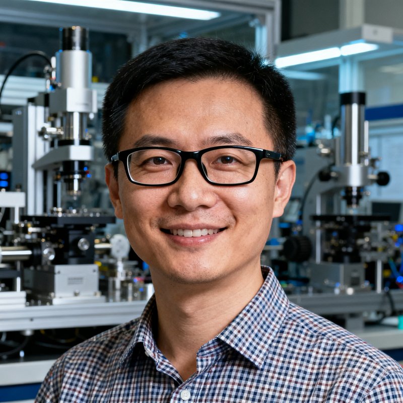 银河集团CTO陈逸飞半身肖像照，戴黑框眼镜，身着格子衬衫，微笑中透着技术人的自信，背景为布满精密仪器的研发实验室，展现其深厚的技术功底。